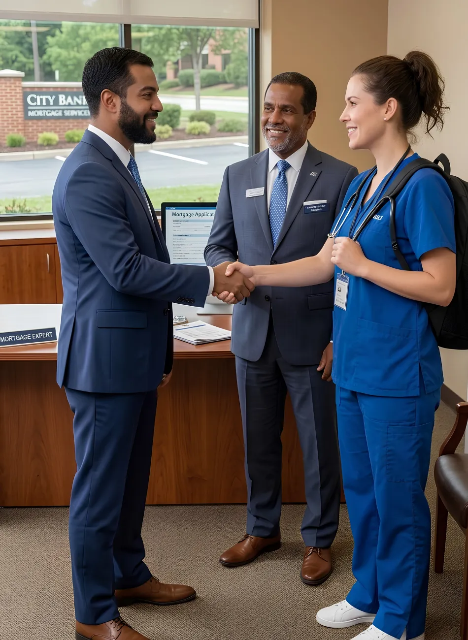 A man in a suit shakes hands with a woman in blue scrubs while another man watches smiling.