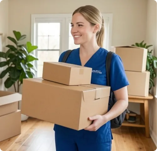 Smiling woman in blue scrubs holding two cardboard boxes indoors with other boxes nearby.