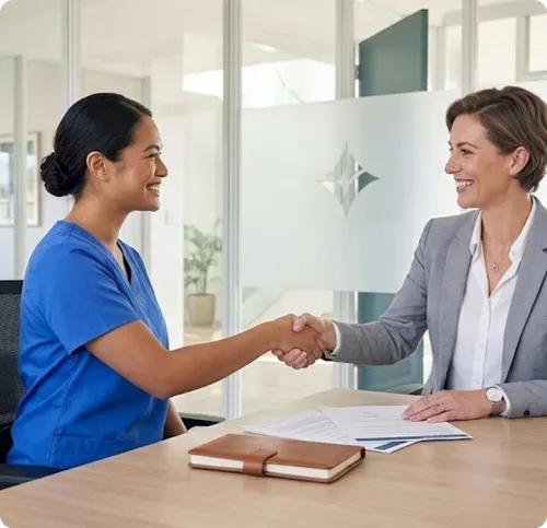 Female healthcare worker in scrubs shaking hands with a woman in business attire at a desk.