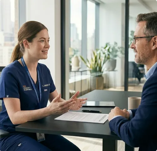 Female healthcare professional talking with a man at a table with documents in an office setting.