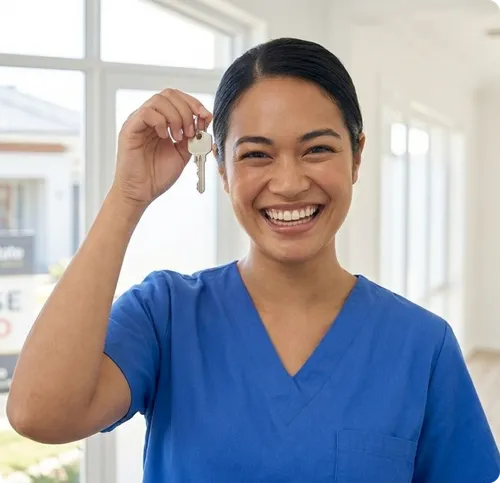 Smiling woman in blue scrubs holding a key inside a bright room with large windows.