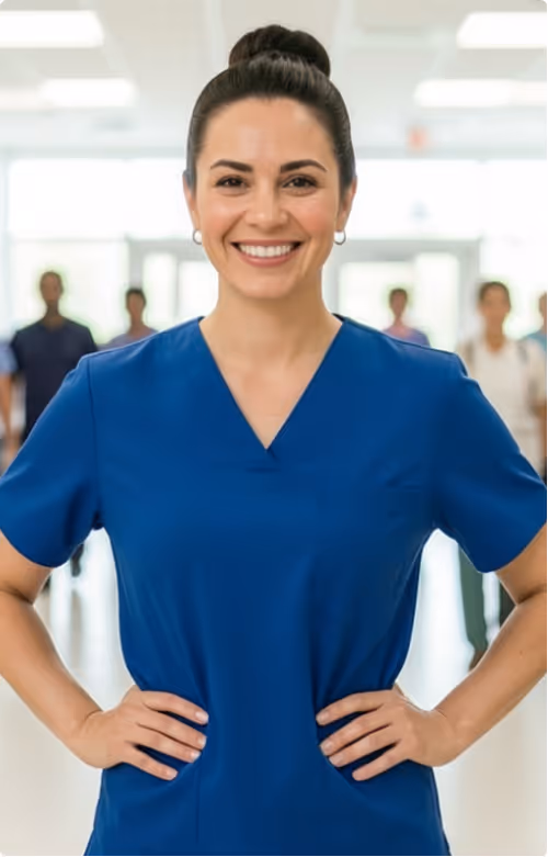 Smiling woman in blue medical scrubs standing confidently with hands on hips in a bright hallway.