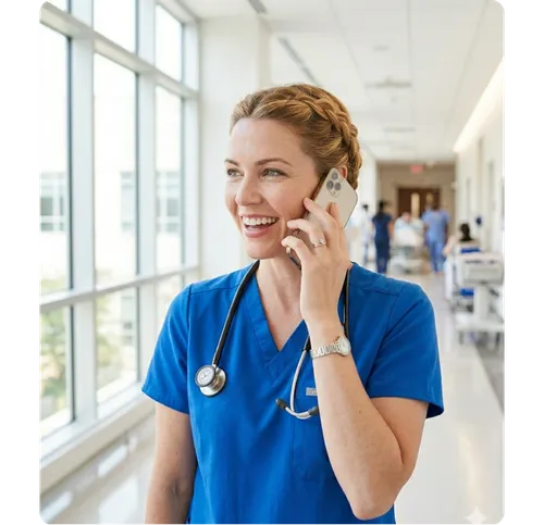 Smiling female nurse in blue scrubs talking on a phone in a bright hospital hallway.