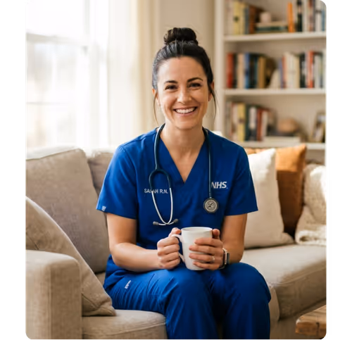 Smiling nurse in blue NHS scrubs sitting on a sofa holding a white mug in a cozy living room.