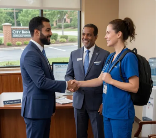 Man in suit shakes hands with woman in medical scrubs, while another man watches indoors near bank sign.