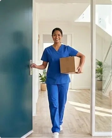 Smiling woman in blue scrubs holding a box while entering through a door in a bright room.