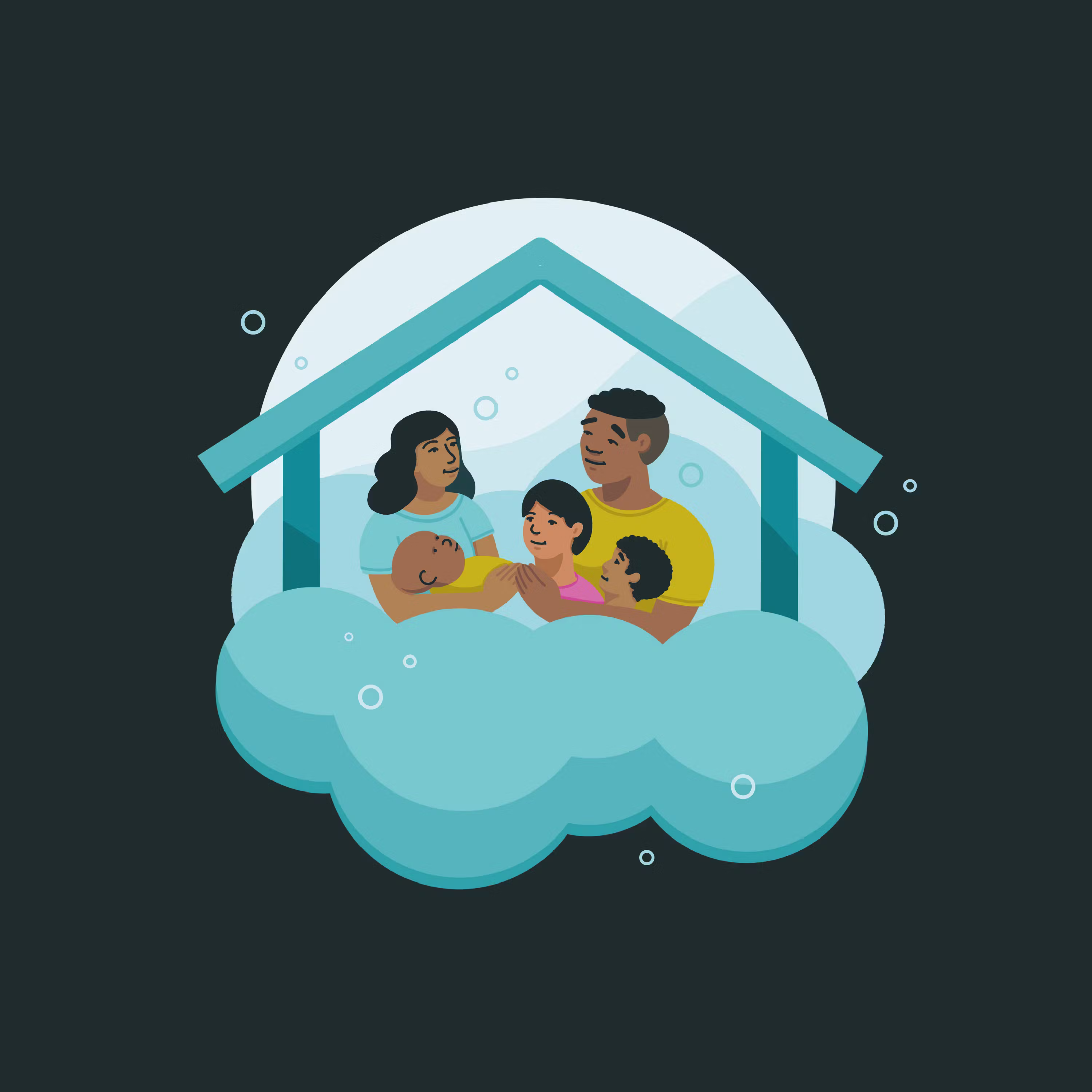 graphic of a family under a little house on a cloud logo