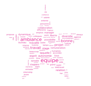 Nuage de mots en forme d'étoiles des commentaires de l'enquete HappyTrainees 2021.