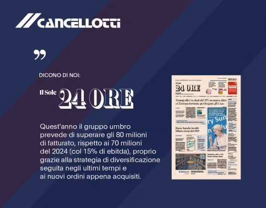 Slide «Dicono di noi» con la prima pagina de Il Sole 24 Ore