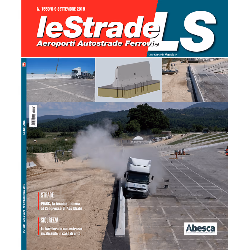 Copertina della rivista Le Strade con la foto di un crash test su barriera Abesca