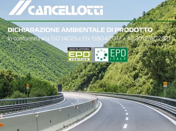 Slide della dichiarazione ambientale di prodotto Cancellotti, con loghi EPD, su una strada nel verde
