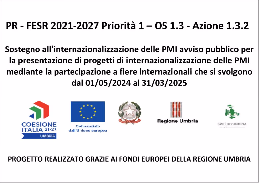 Avviso PR FESR 2021-2027 per l'internazionalizzazione delle PMI, con loghi UE e Regione Umbria