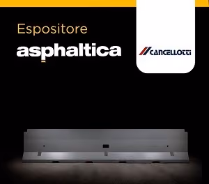 Banner «Espositore Asphaltica» con il logo Cancellotti e una barriera su sfondo nero