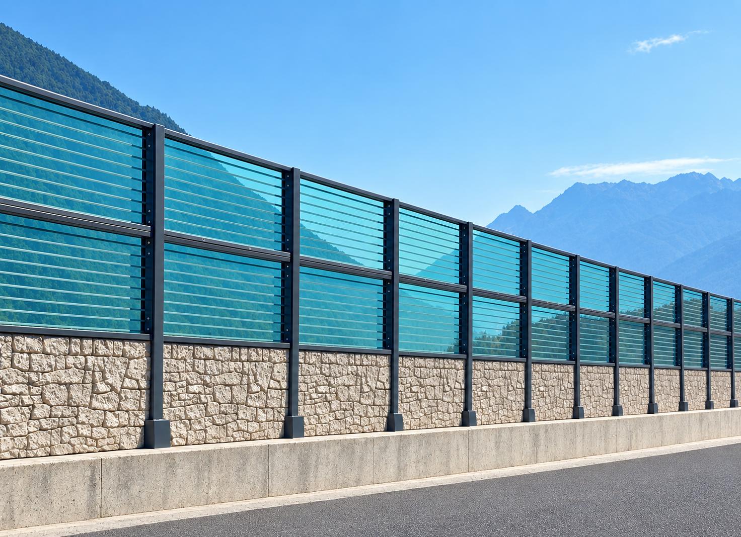 Barriera antirumore con pannelli trasparenti azzurri e basamento in pietra, con le montagne sullo sfondo