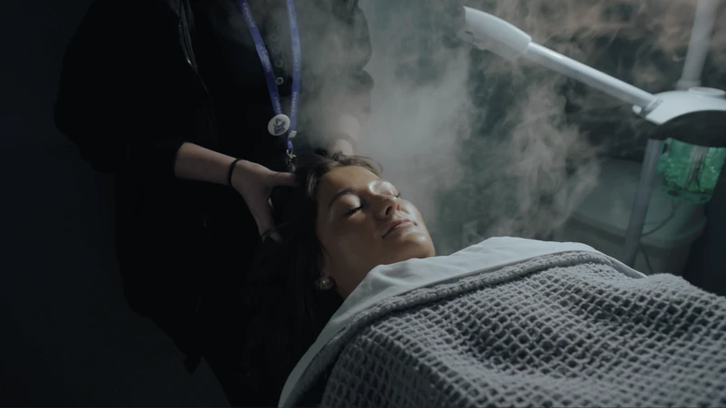 Woman relaxing with eyes closed while receiving a facial steam treatment at a Compass Career College Salon