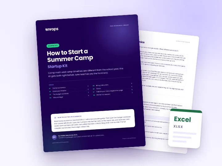 Cover and a sample page of the Summer Camp Startup Kit