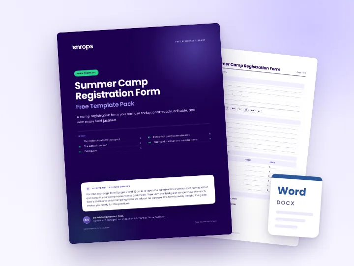 Cover and a sample page of the Summer Camp Registration Form