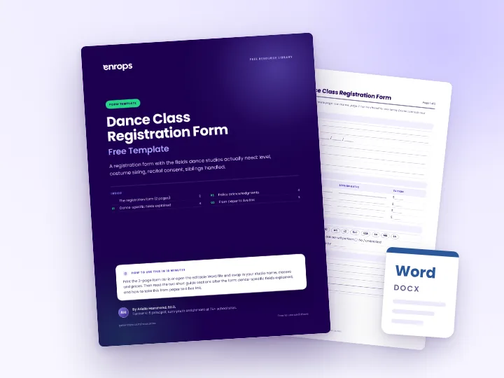 Cover and a sample page of the Dance Class Registration Form