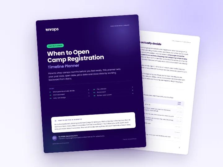 Cover and a sample page of the Camp Registration Timeline Planner