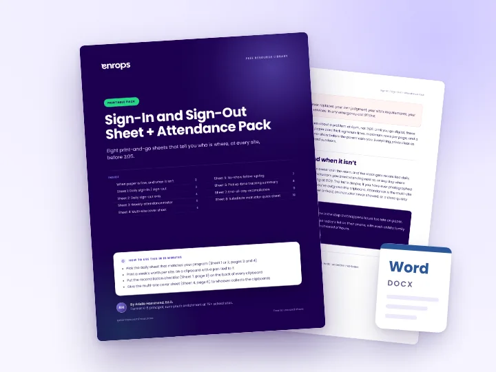 Cover and a sample page of the Sign-In / Sign-Out + Attendance Pack