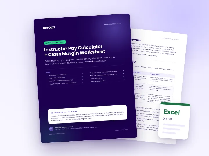 Cover and a sample page of the Instructor Pay + Class Margin Worksheet