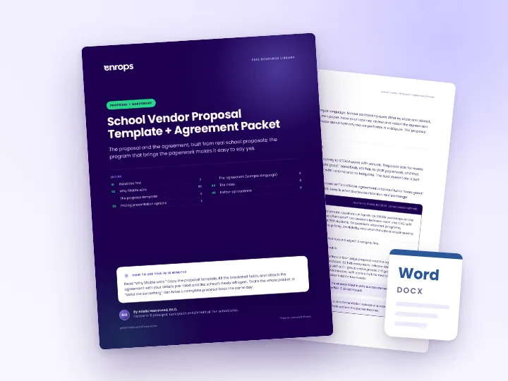 Cover and a sample page of the School Vendor Proposal + Agreement Packet