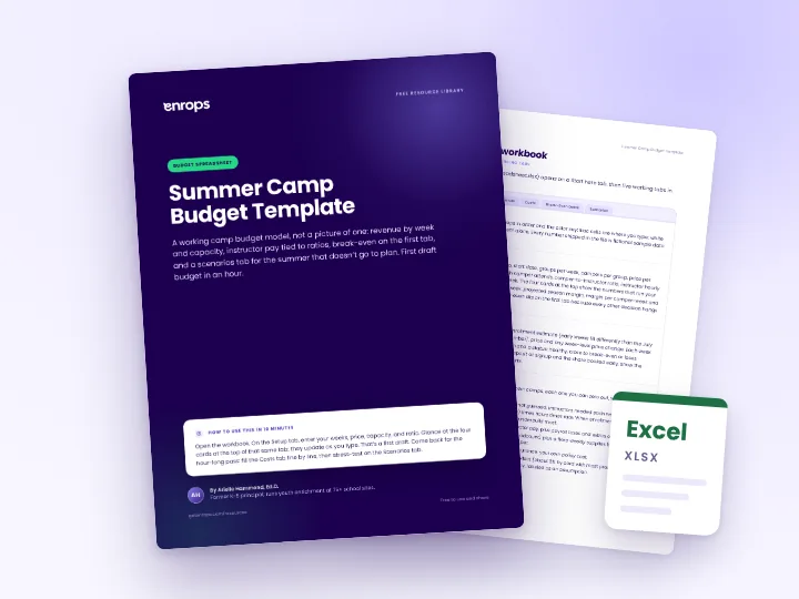 Cover and a sample page of the Summer Camp Budget Template