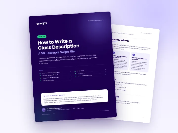 Cover and a sample page of the Class Description Swipe File