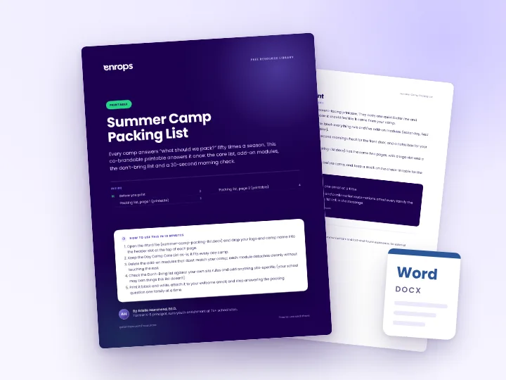 Cover and a sample page of the Summer Camp Packing List