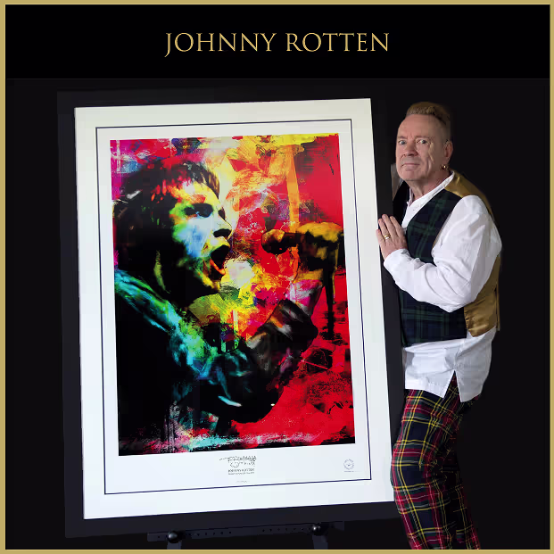 Johnny Rotten with his signed fine art limited edition colourful portrait print