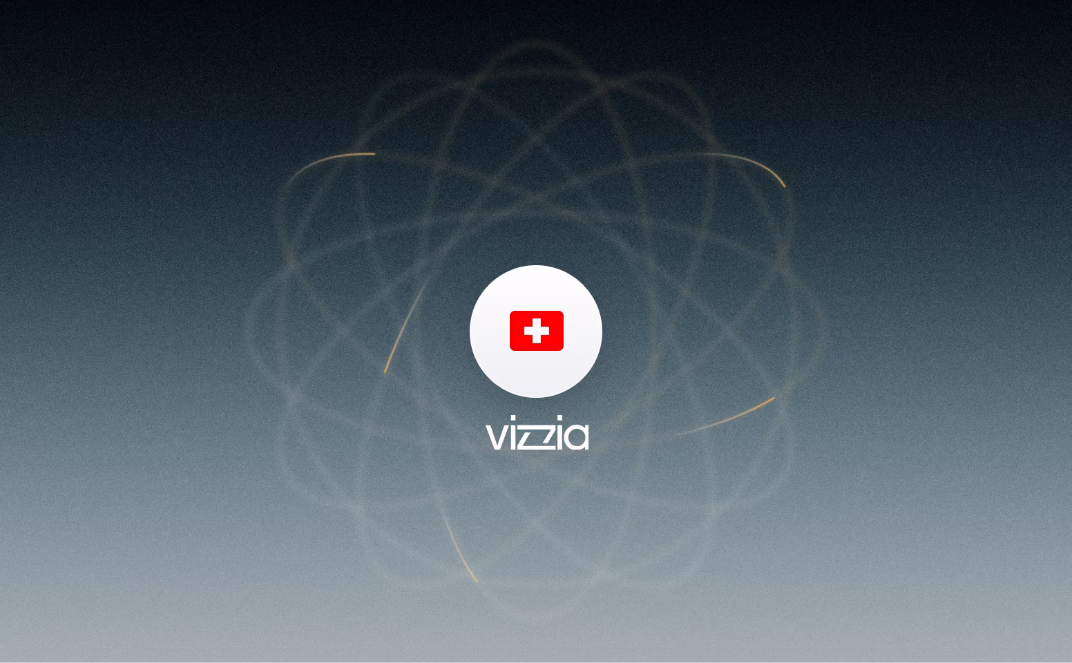 Logo Vizzia avec un cercle blanc contenant le drapeau français sur fond dégradé bleu foncé à gris.