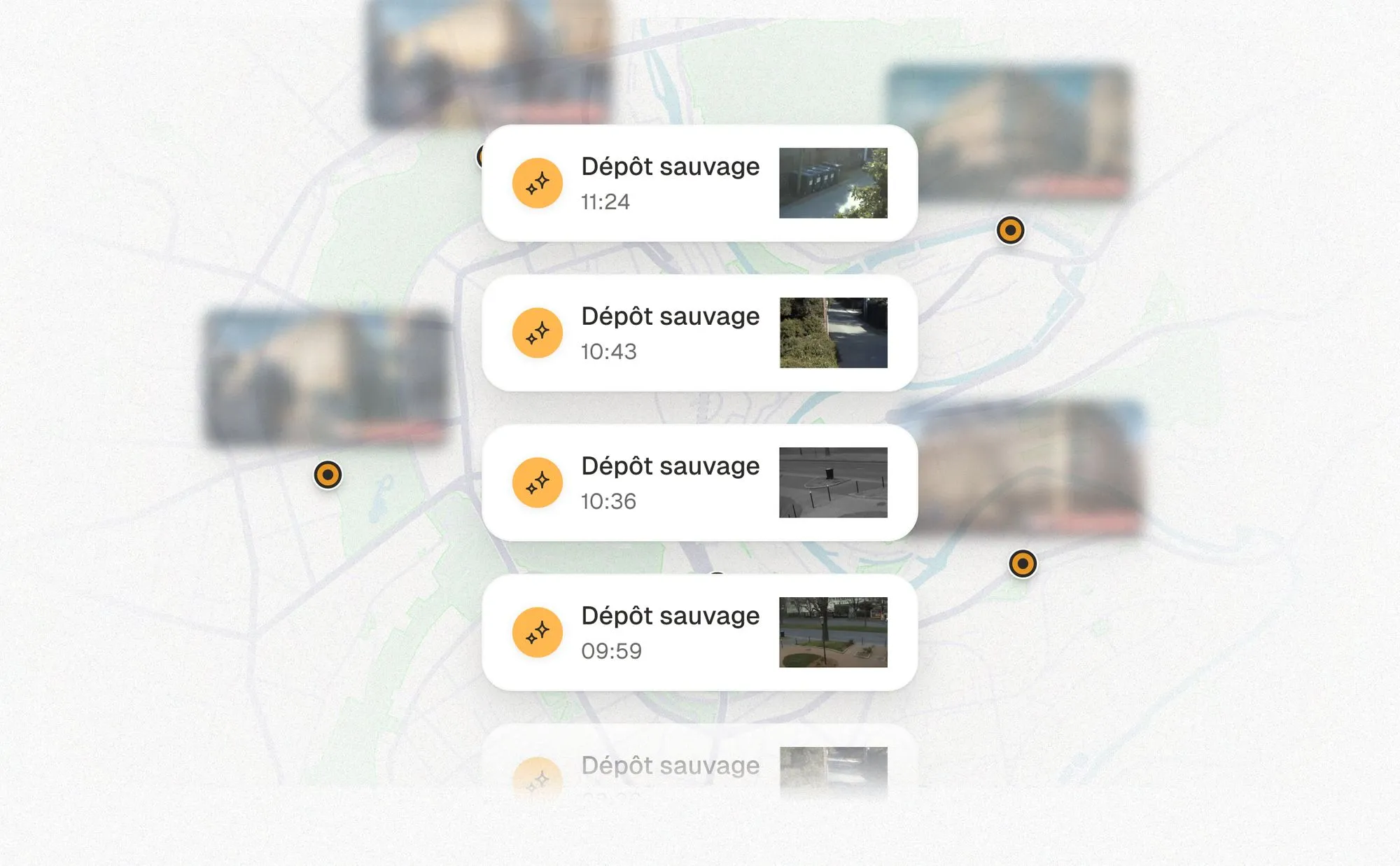 Carte floue avec plusieurs alertes de dépôt sauvage marquées par des vignettes temporelles et images miniatures.