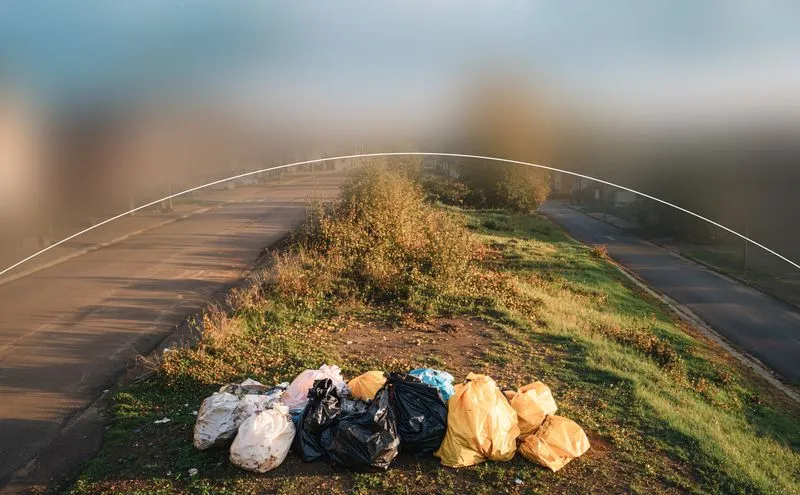 Plusieurs sacs-poubelle blancs, noirs et jaunes déposés sur un terrain vague herbeux près d'une route.