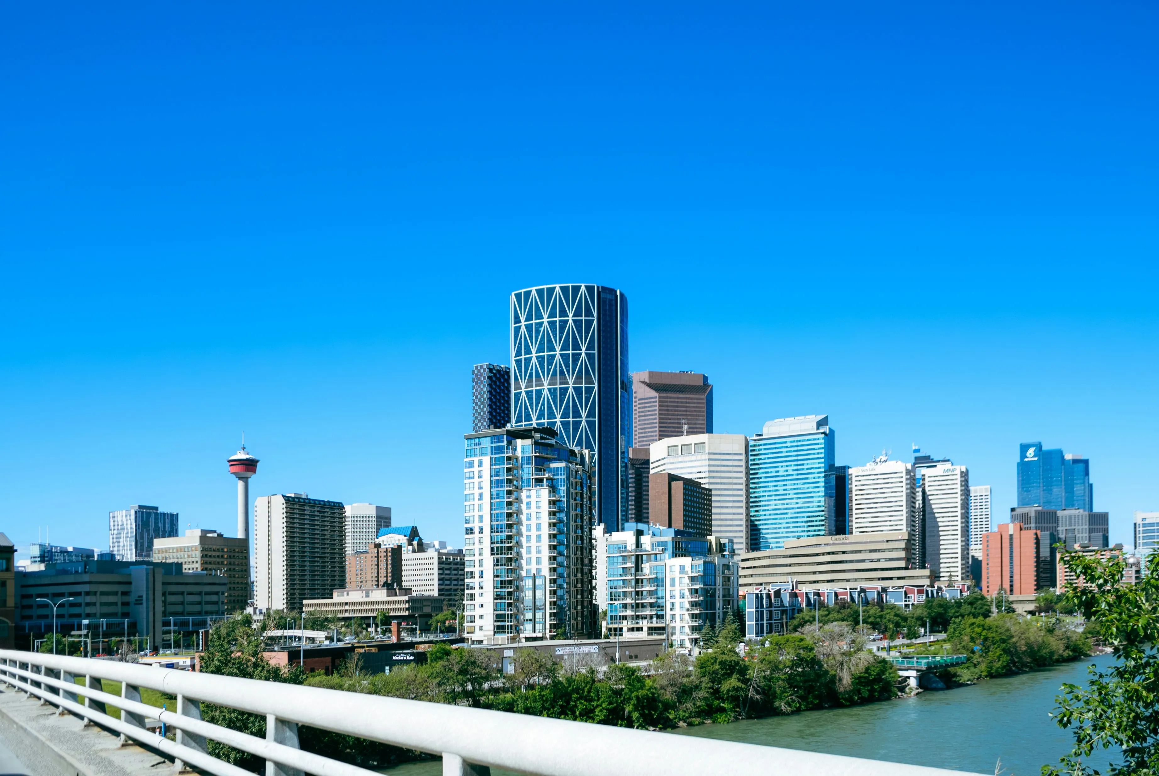 City skyline of modern high-rise buildings with a bridge and trees in the foreground under a blue sky.