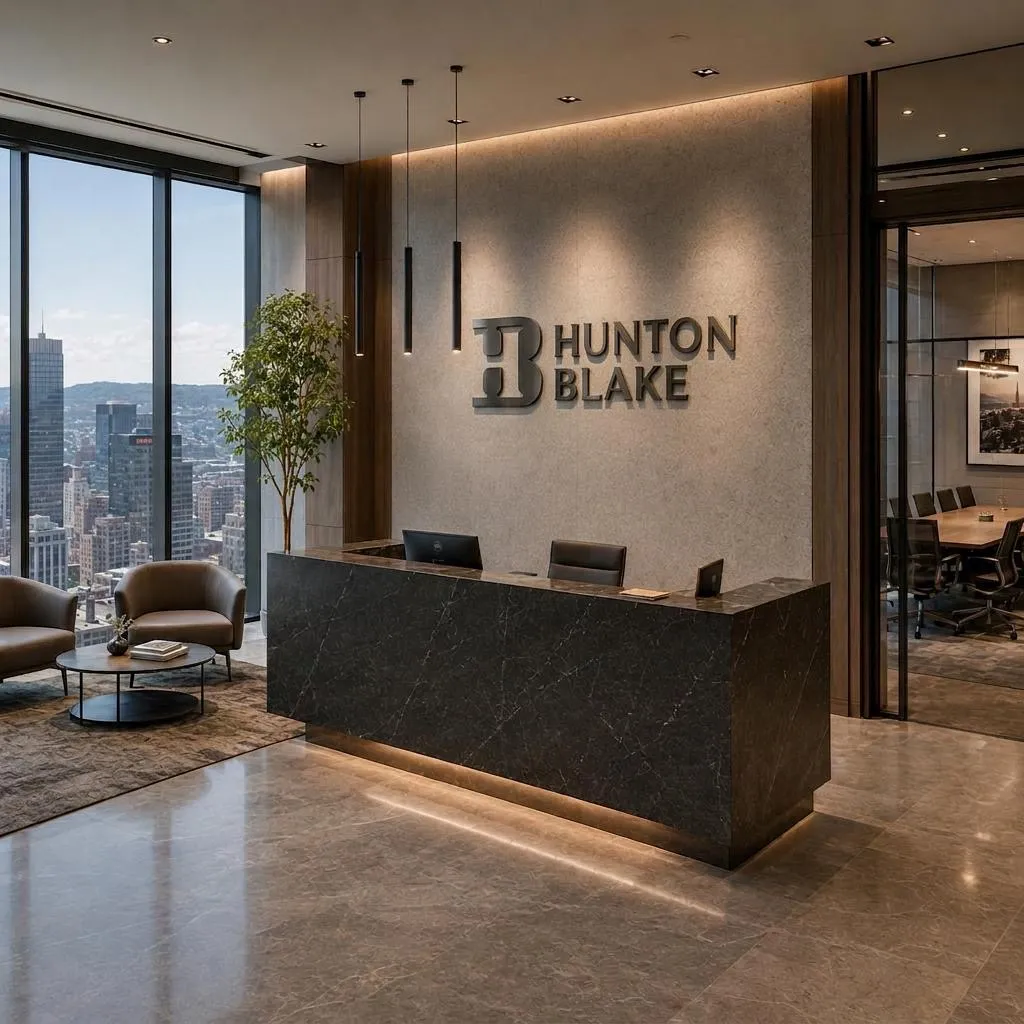 Modern office reception area with black marble desk, pendant lights, a plant, and city view windows.