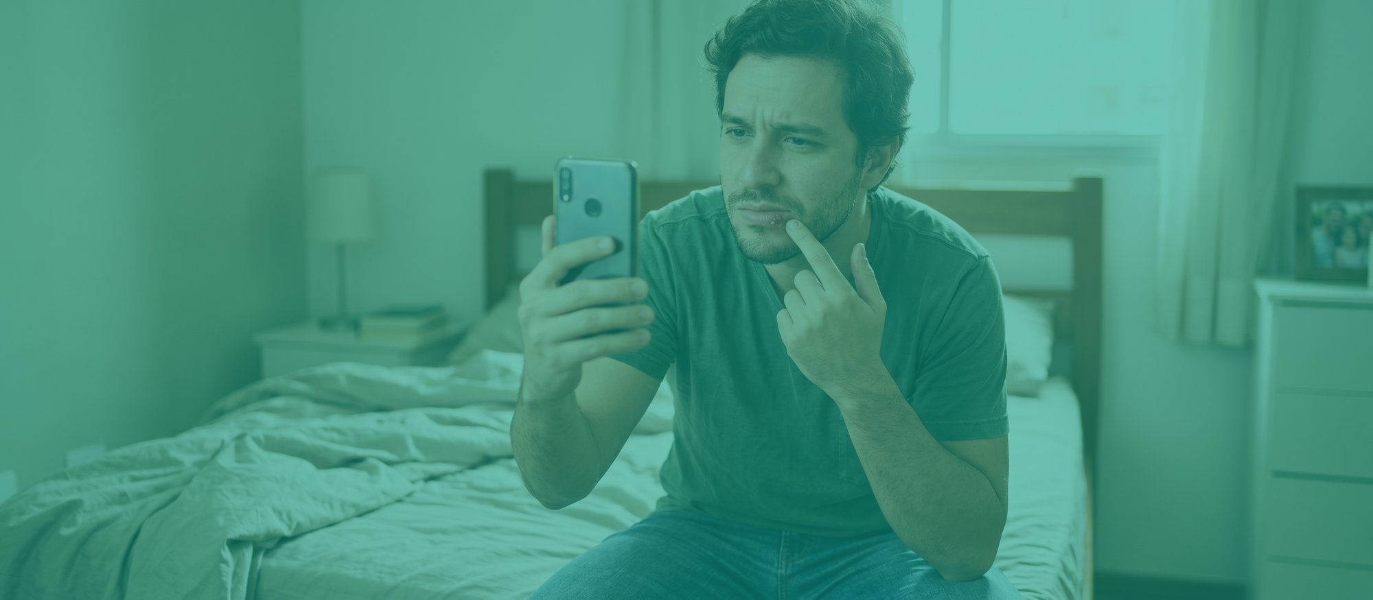 Homem jovem com herpes labial examinando o canto da boca pela câmera do celular, dedo tocando a pequena bolha no lábio