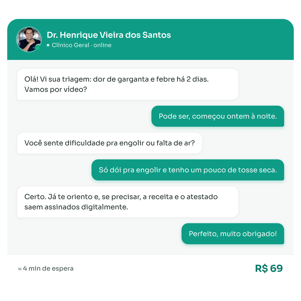 Exemplo de consulta médica online por chat: clínico geral atende paciente com dor de garganta e febre por R$ 69.