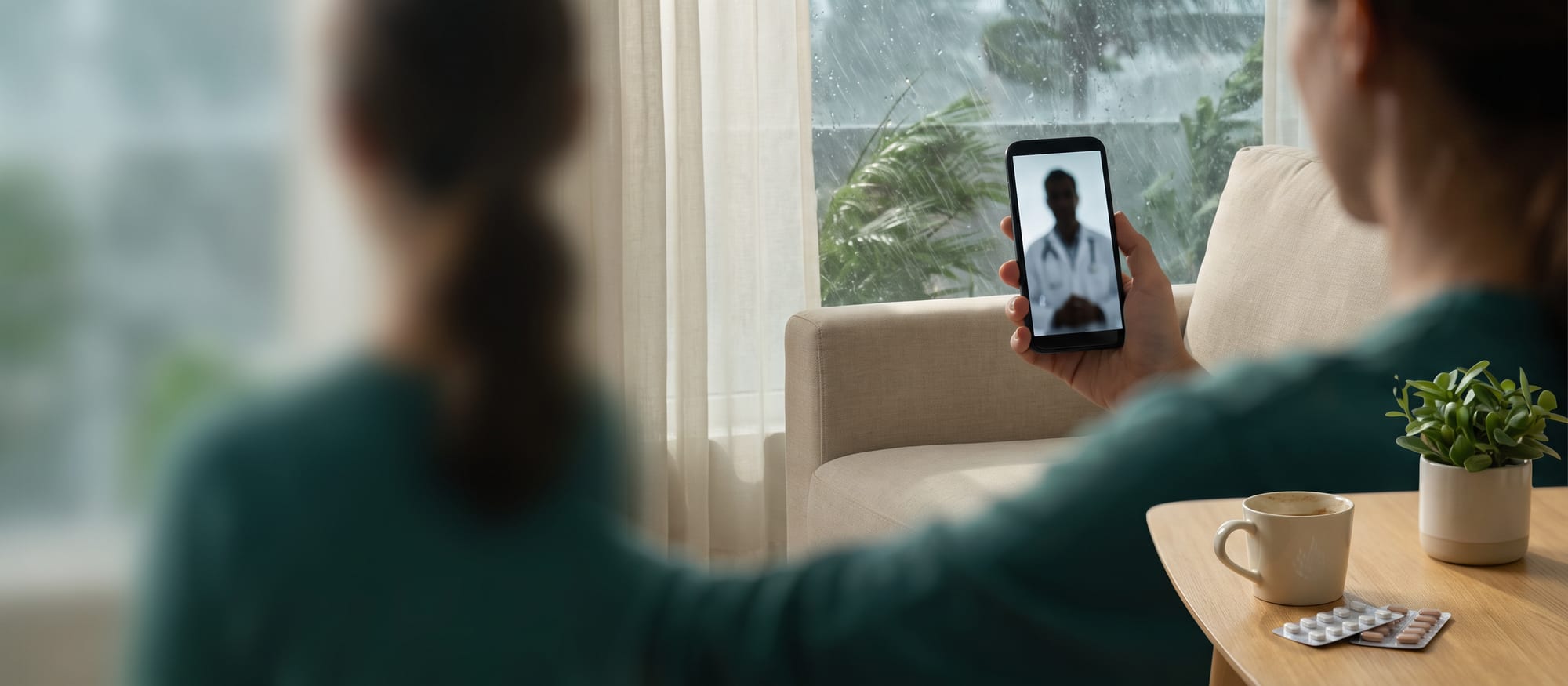 Pessoa de costas no sofá segurando o celular em videochamada com médico, enquanto chuva forte de ciclone bate na janela de casa