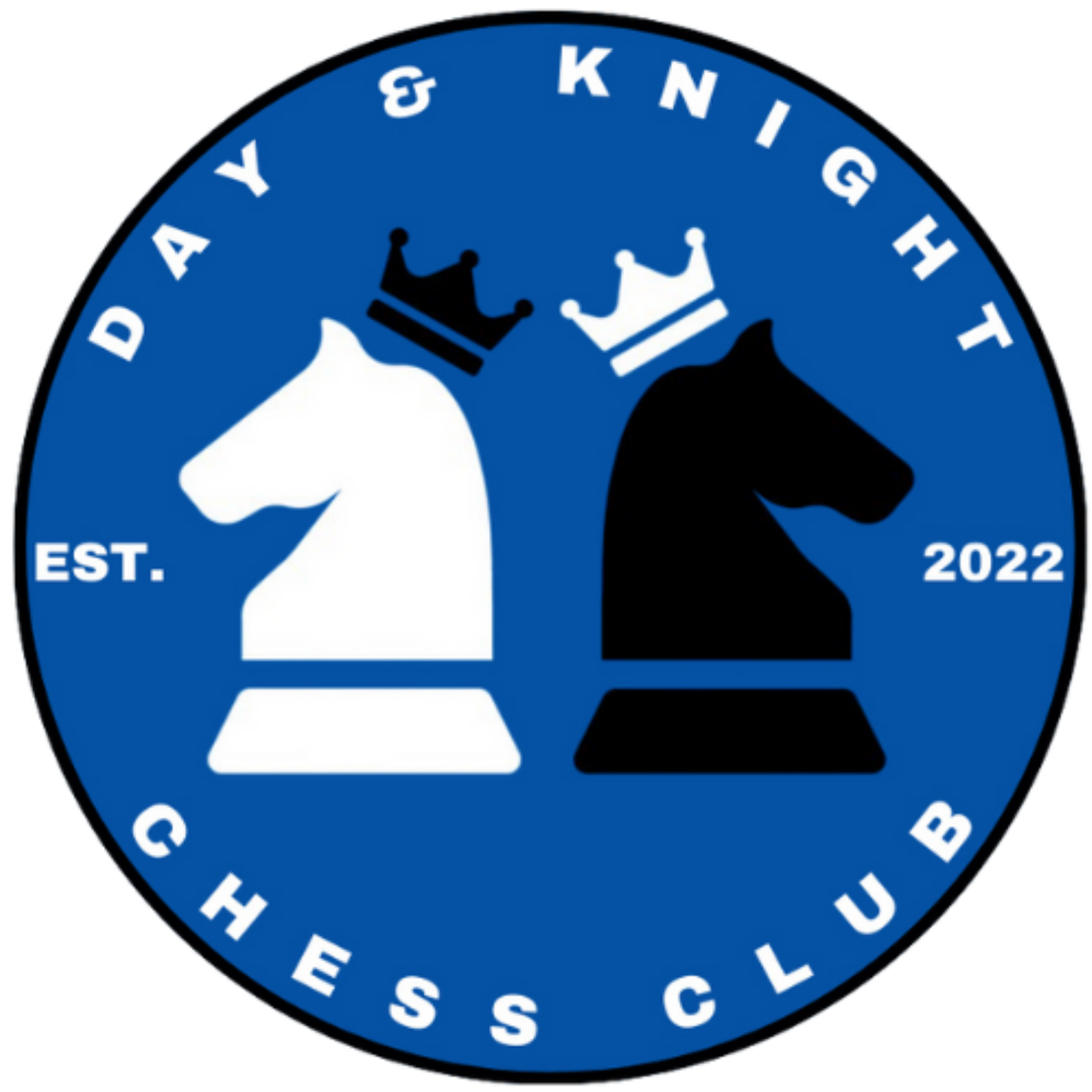 Logo with white and black knight chess pieces wearing opposite color crowns on blue circle background.