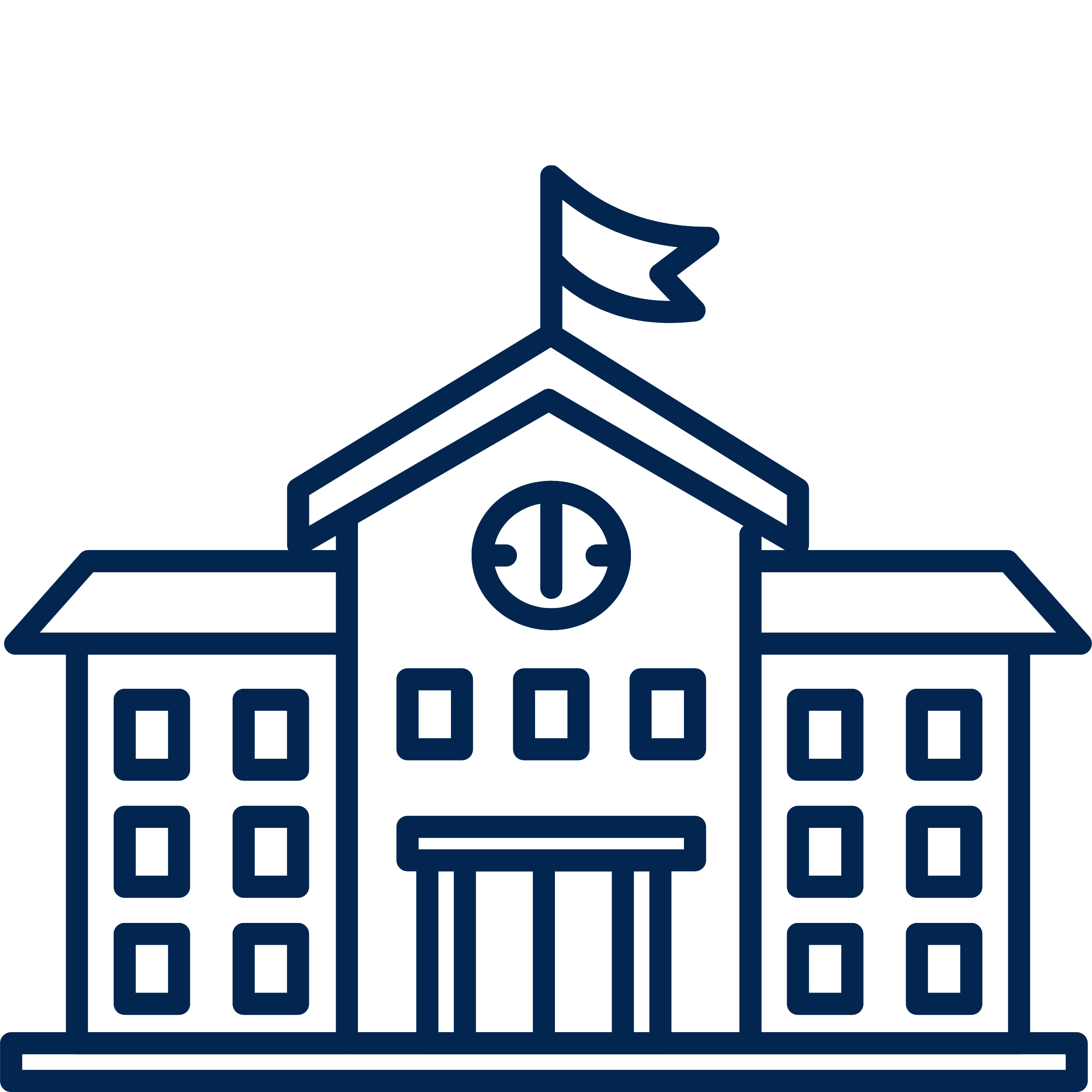 Outline icon of a school building with a flag and clock above the entrance.
