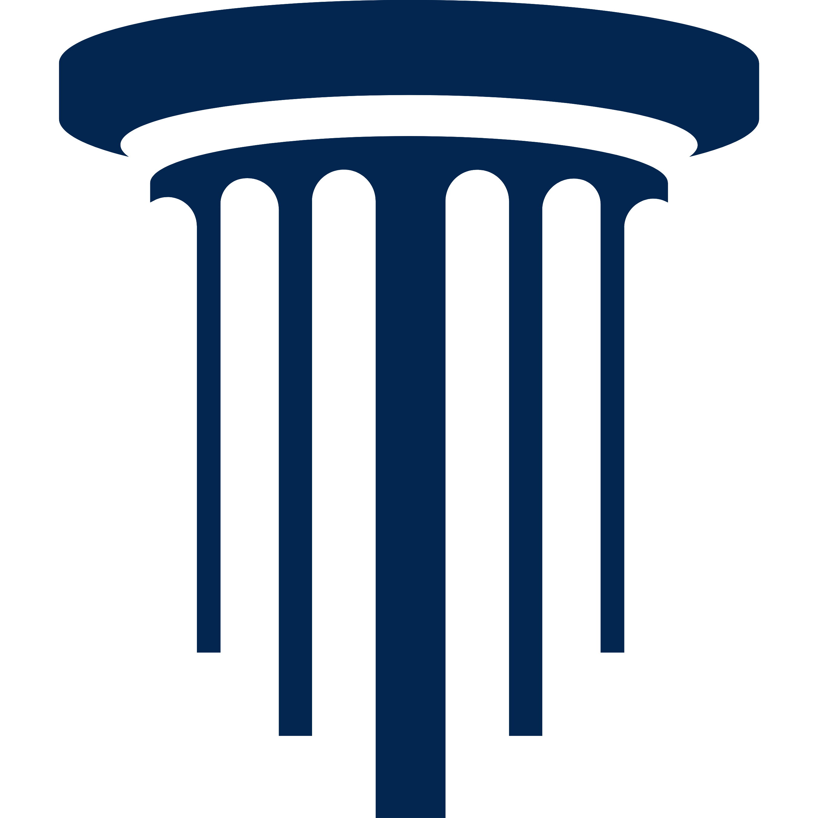 Stylized dark blue pillar with rounded top and five vertical supports on black background.