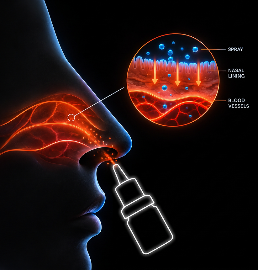 Diagram: the spray crosses the nasal lining into the blood vessels beneath it