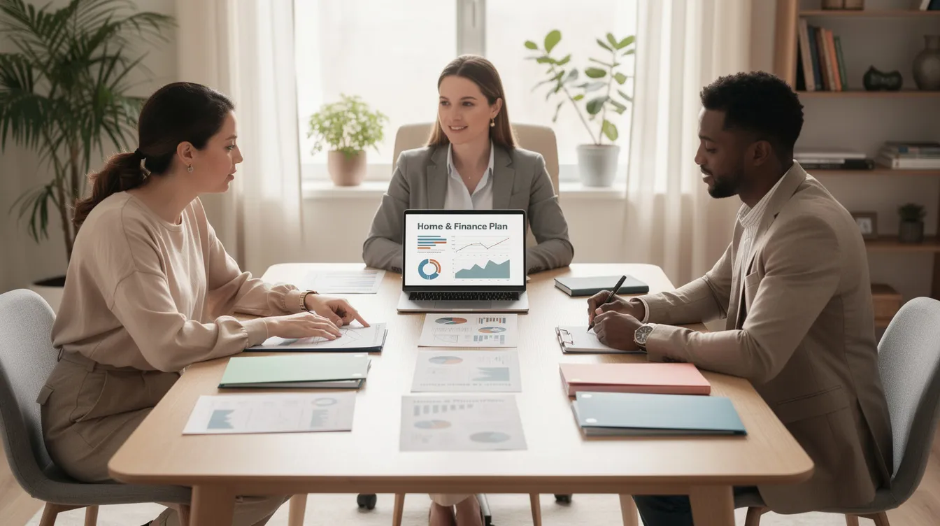 The image depicts two individuals seated at a table, closely examining home and finance documents with the guidance of a neutral advisor. This setting highlights the complexities of divorce refinancing, as they discuss their existing mortgage and financial responsibilities, ensuring a clear understanding of their divorce agreement and future financial obligations.