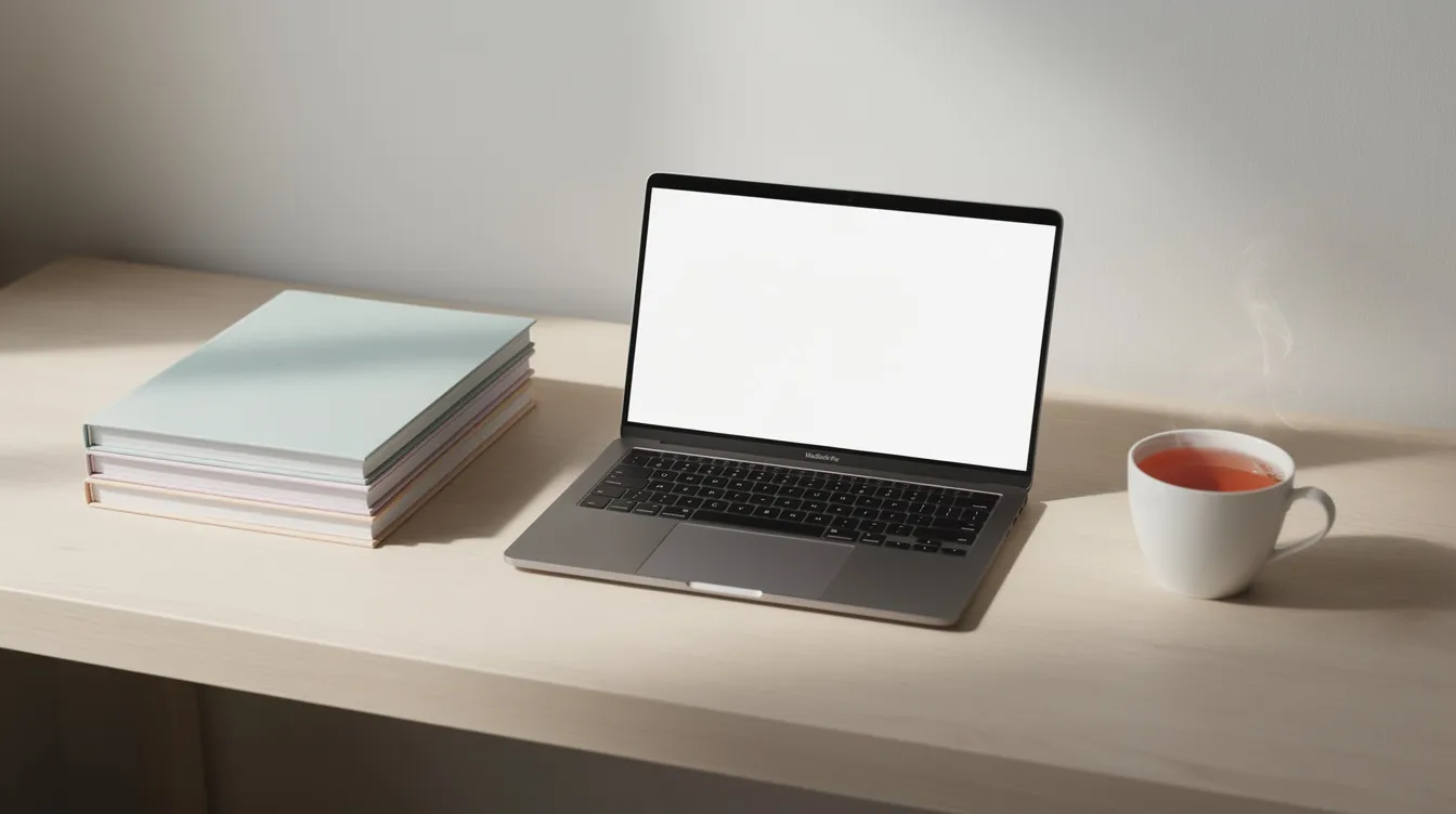 The image depicts a calm desk setup featuring neatly arranged folders, a laptop, and a cup of tea, creating a serene workspace. This environment could symbolize the importance of financial preparation during the divorce process, highlighting key financial considerations such as retirement accounts and child support payments.
