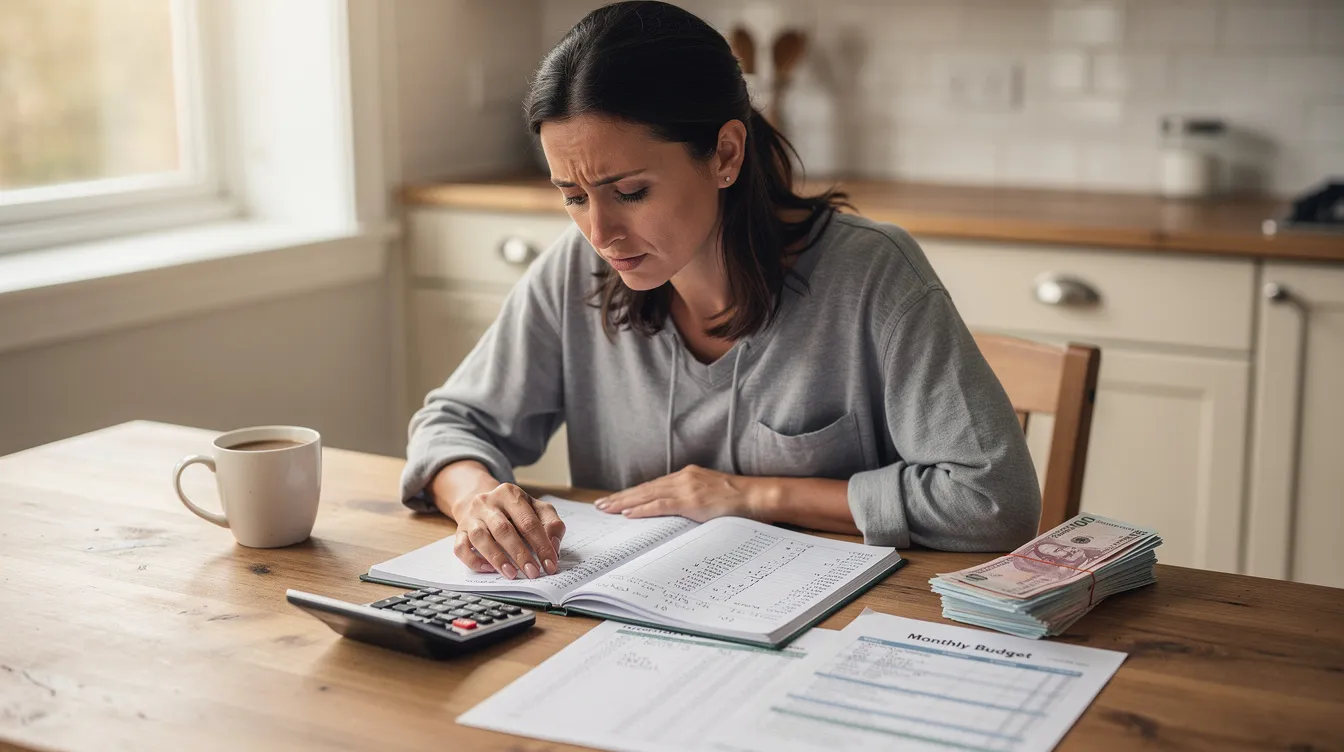 A woman is sitting at a kitchen table, reviewing her household budget with a calculator and notebook, focusing on key financial considerations for the divorce process. She appears to be preparing financially for her future, possibly assessing child support payments and other financial obligations related to her divorce settlement.