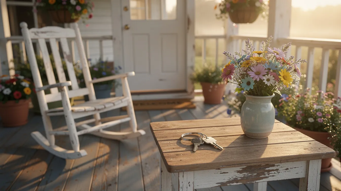 The image depicts a tranquil front porch bathed in morning light, adorned with colorful flowers and a set of keys resting on a table. This serene setting symbolizes the importance of financial preparation for significant life changes, such as the divorce process and its associated financial considerations.