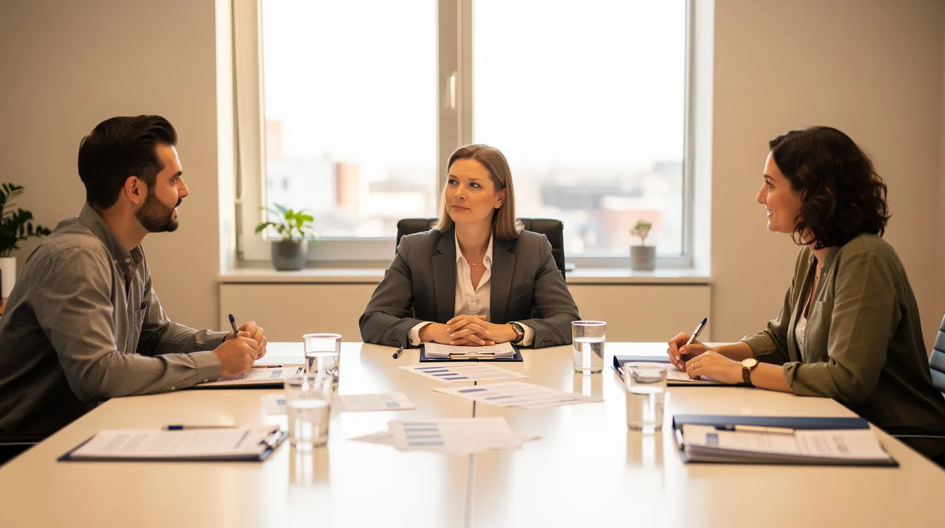 The image shows a mediator seated at a table with two adults, each with folders and water glasses in front of them, indicating a discussion about financial obligations and child custody arrangements during divorce proceedings. This setting reflects the importance of navigating the divorce settlement checklist and legal documents for a fair settlement.