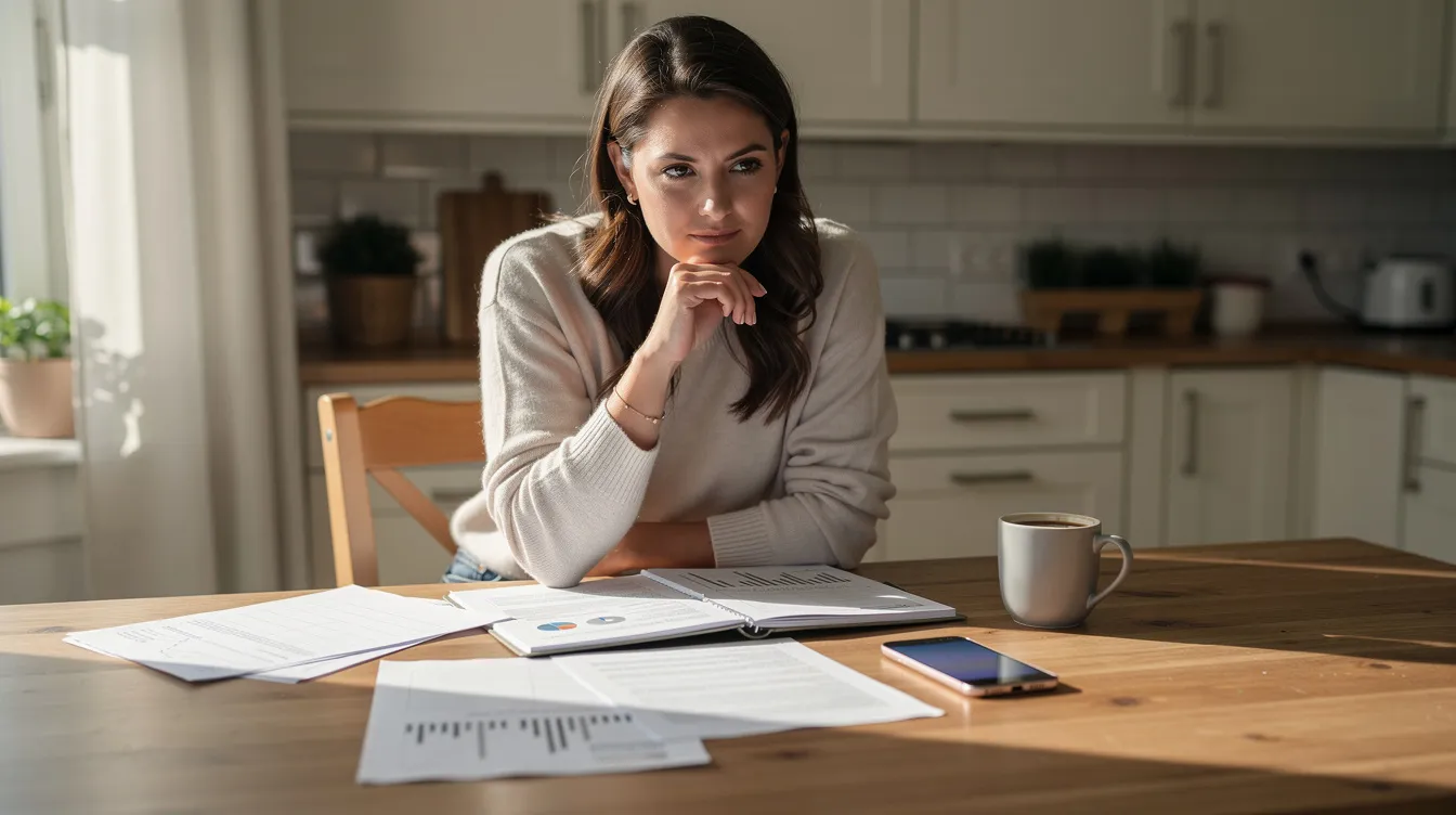 A woman sits at a kitchen table surrounded by important documents, including financial records and a phone, reflecting on her divorce proceedings after her husband left her. She appears focused, possibly considering her legal rights regarding marital assets and child custody in the context of her specific situation.