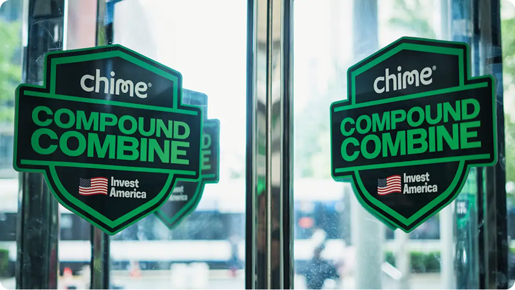 Two green and black shield-shaped stickers on glass doors reading 'chime COMPOUND COMBINE' with an American flag icon and 'Invest America' text below.