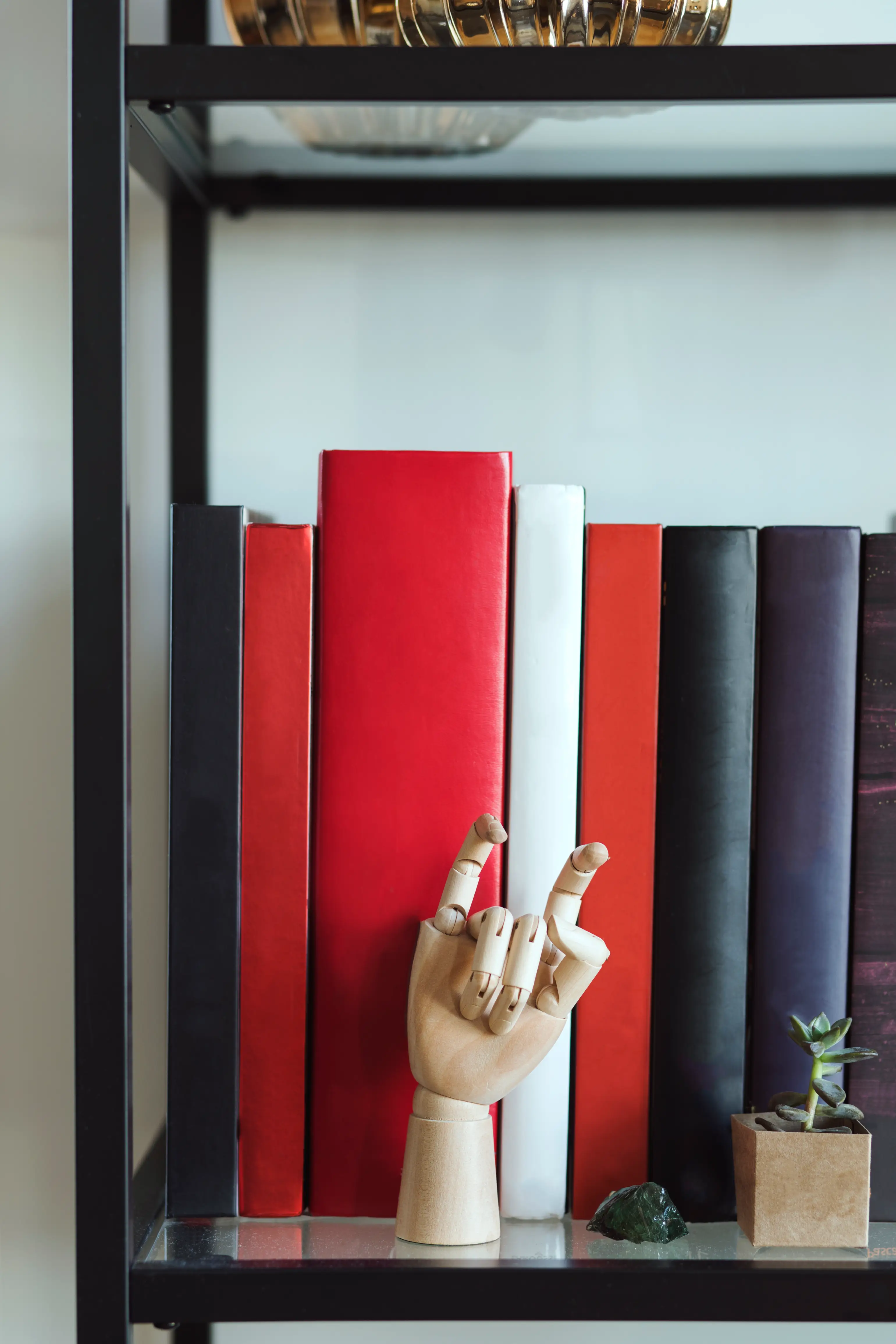 Wooden hand model on a shelf making a rock-and-roll gesture among vertically arranged books.
